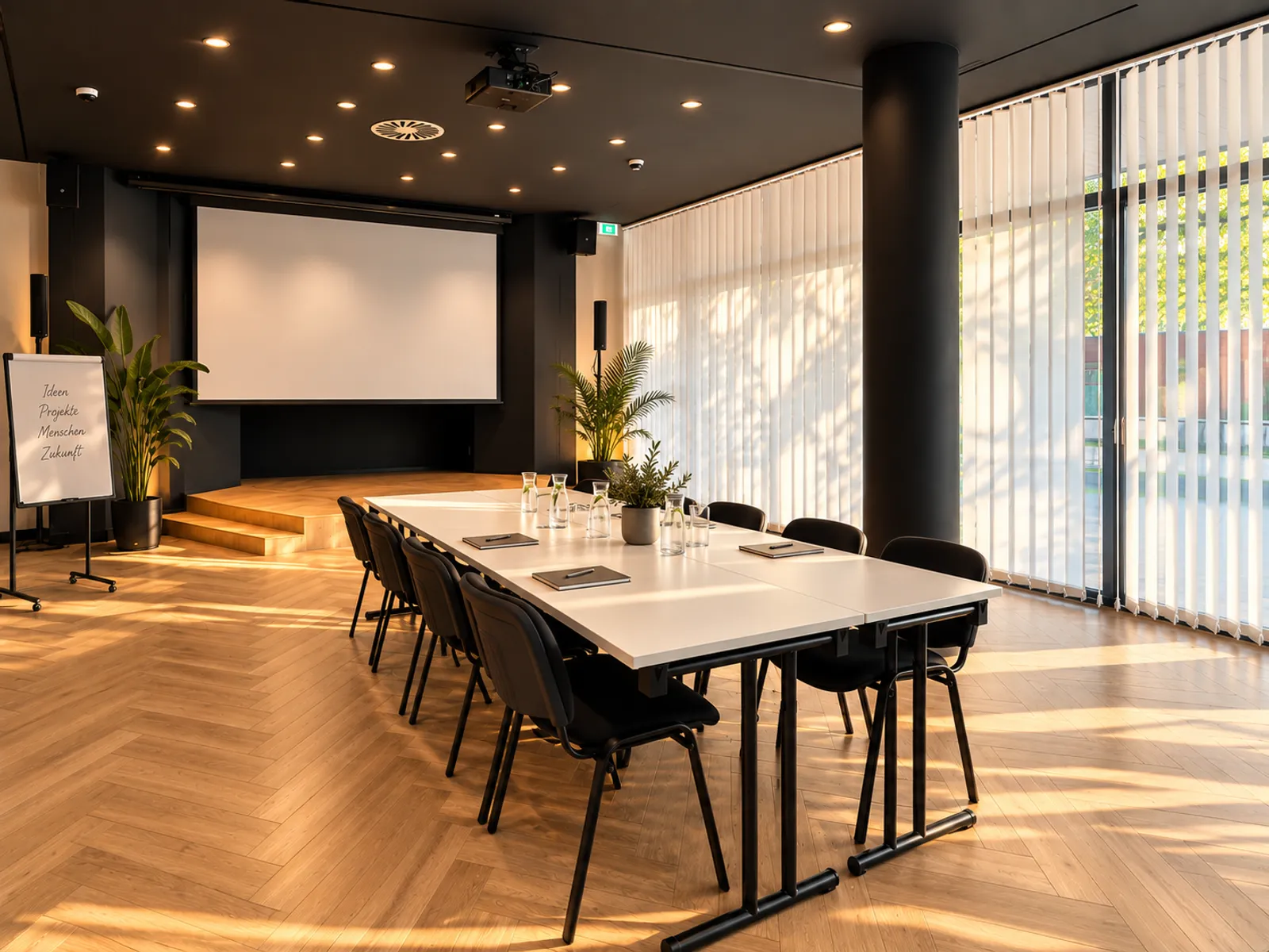 Konferenztisch vor der Leinwand